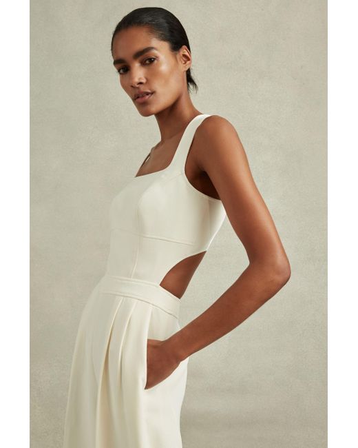 Reiss Natural Dion - Ivory Twill Open-back Wide Leg Jumpsuit