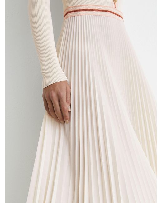 Reiss Natural Rib-Knit Stripe-Trim Pleated Midi Dress