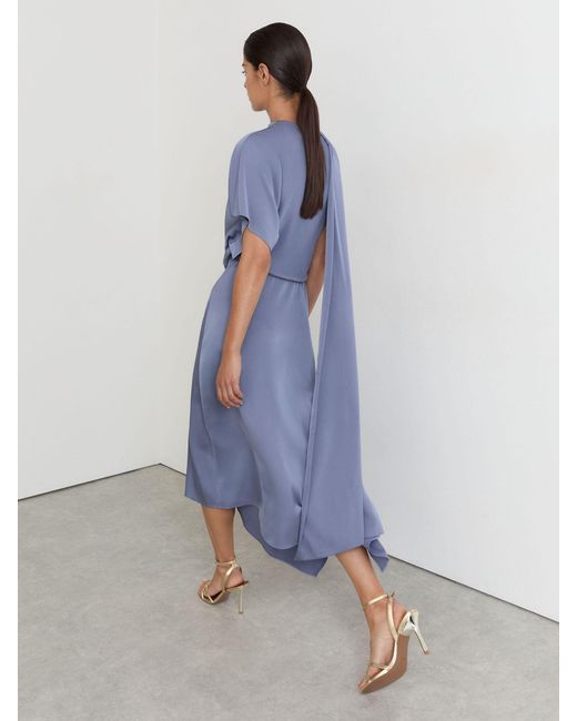 Reiss Blue Naomi - Lilac Purple Petite Satin One-shoulder Draped Midi Dress, Us 14