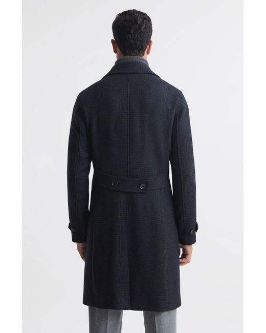 Reiss Blue Attention - Navy Wool Check Double Breasted Coat, L for men
