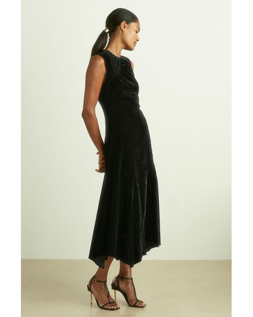 Reiss Blakely - Black Velvet Shirred Panel Midi Dress, Us 2