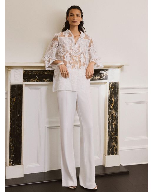 Reiss Brown Sheer Lace Tie-Neck Blouse