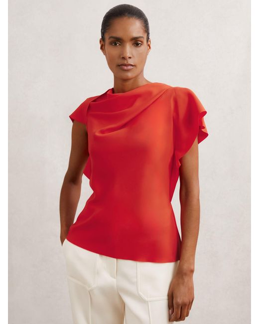 Reiss Red Asymmetric Drape-Neck Top
