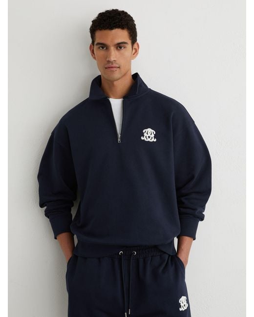 Reiss Blue Monogram Relaxed Half-Zip Sweatshirt for men
