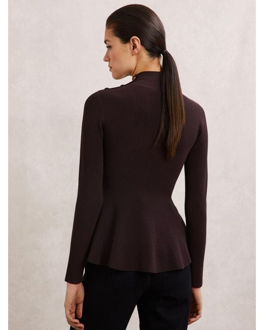 Reiss Blue Rib-Knit High-Neck Peplum Top