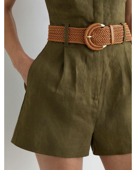 Reiss Green Linen Sleeveless Belted Playsuit