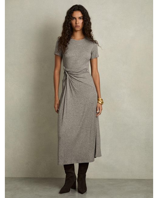 Reiss Natural Hadley - Grey Jersey Twist-detail Midi Dress, Us 10