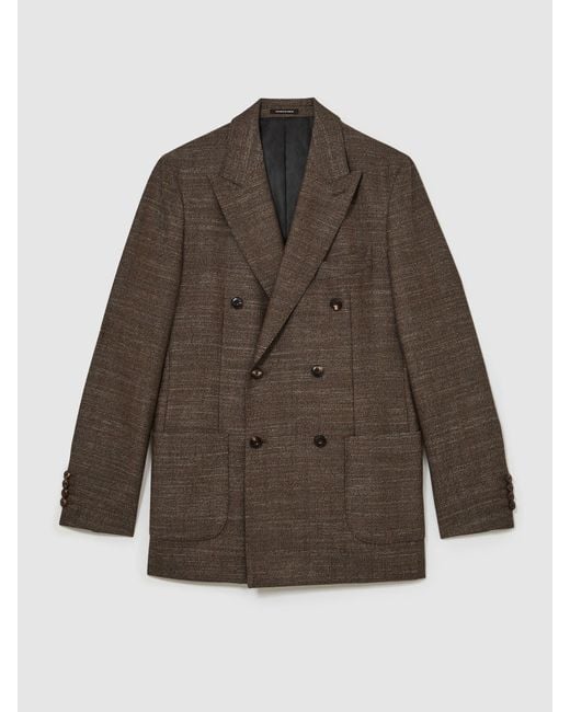Reiss Brown Wool-Blend Double-Breasted Herringbone Blazer Classic-Fit for men