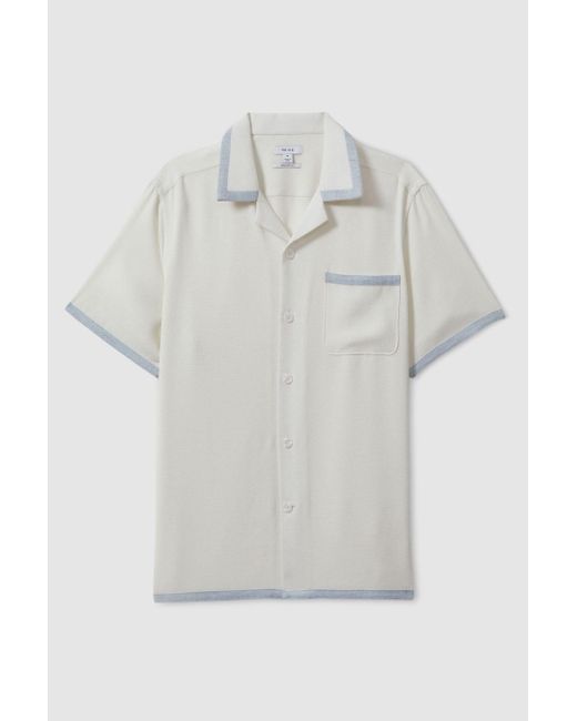 Reiss Natural Vita - Ecru/soft Blue Contrast Trim Cuban Collar Shirt for men
