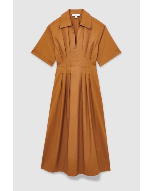 Reiss Brown Aubrey Rust Cotton Pleated-Waist Midi Dress