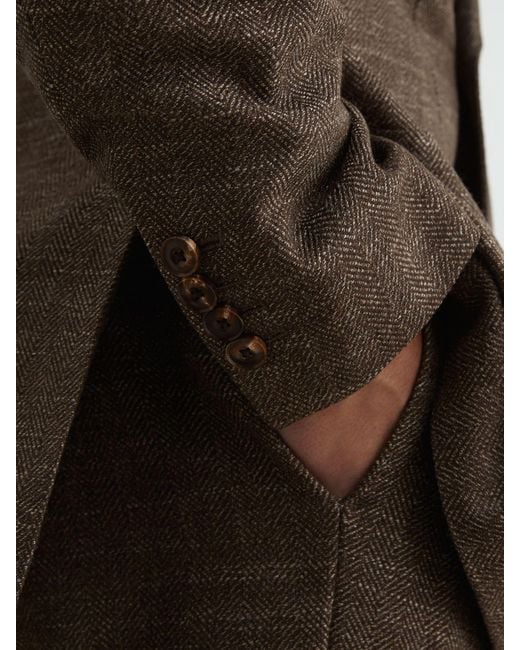 Reiss Brown Wool-Blend Double-Breasted Herringbone Blazer Classic-Fit for men