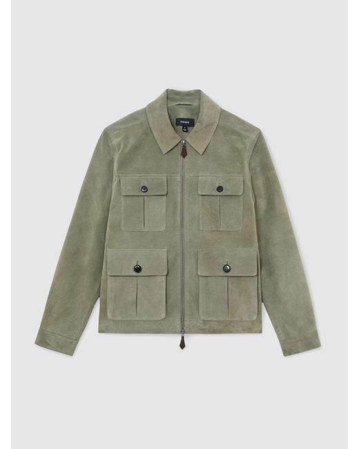 Reiss Daventry - Green Suede Four-pocket Zip-through Jacket, L for men