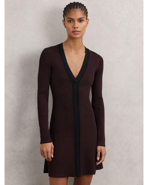 Reiss Black Burgundy & Craft-Stitch Rib-Knit Mini Dress