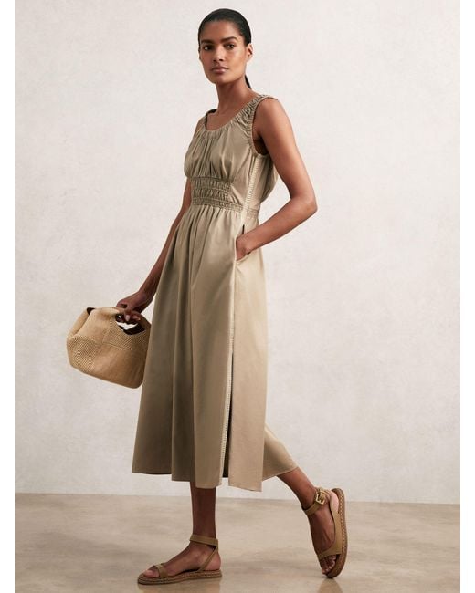 Reiss Natural Anouk - Khaki Cotton Craft-stitch Shirred Midi Dress, Us 12