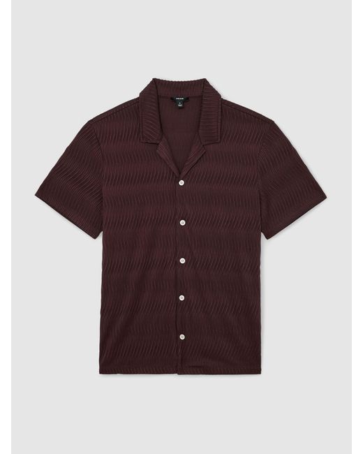 Reiss Brown Textured-Wave Cuban-Collar Shirt for men