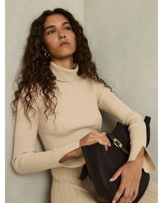 Reiss Natural Ribbed Belted Midi Dress