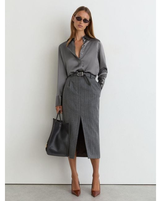 Reiss Gray Silk-Satin Concealed-Placket Shirt