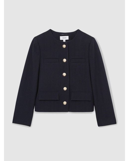 Reiss Blue Cropped Wool Single Breasted Jacket