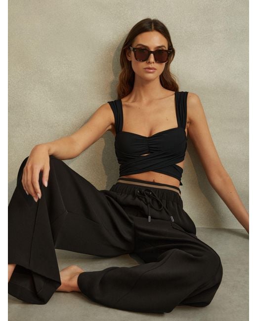 Reiss Black Waistband Detail Wide Leg Trousers