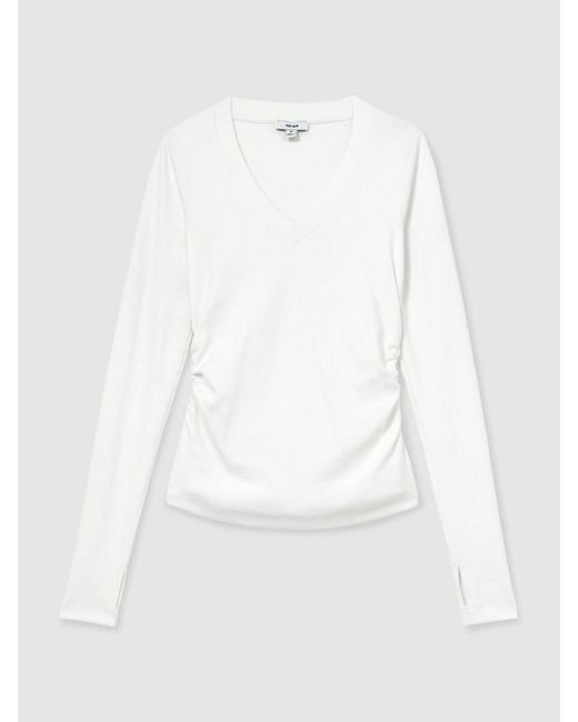 Reiss White Cotton-Stretch V-Neck Ruched Top