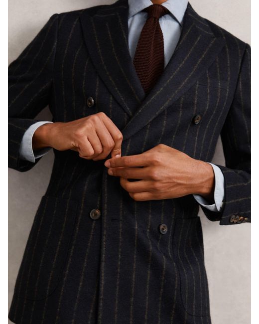 Reiss Blue Double-Breasted Chalk-Stripe Blazer Tailored-Fit With Wool for men