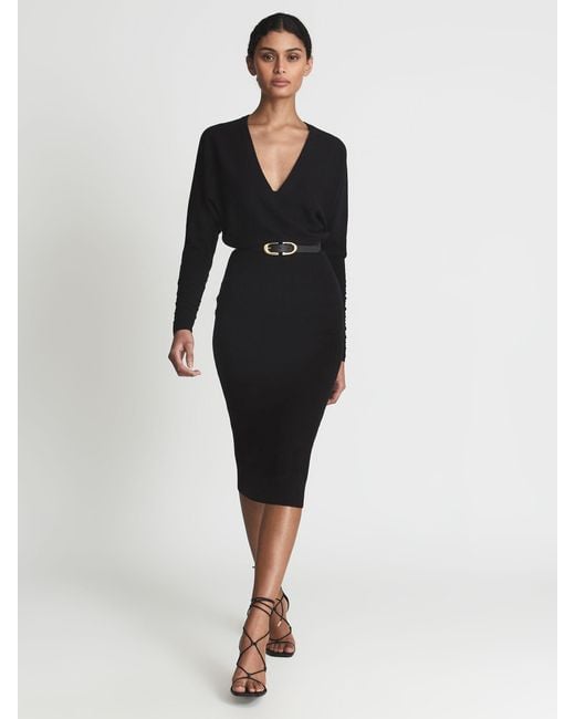 Reiss Jenna - Black Petite Wool Blend Ruched Sleeve Midi Dress, S