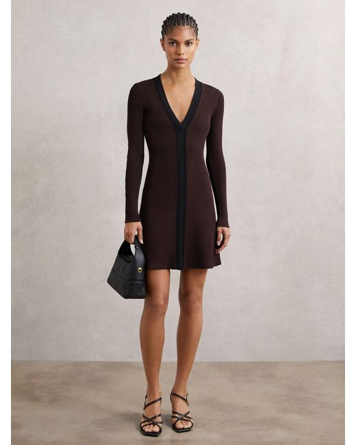 Reiss Black Burgundy & Craft-Stitch Rib-Knit Mini Dress