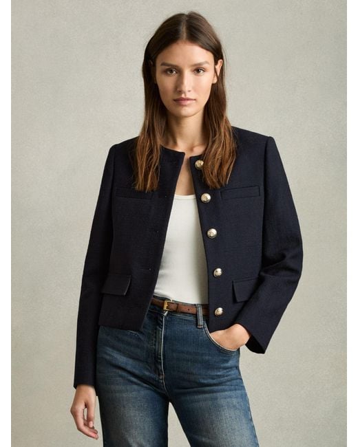 Reiss Blue Cropped Wool Single Breasted Jacket