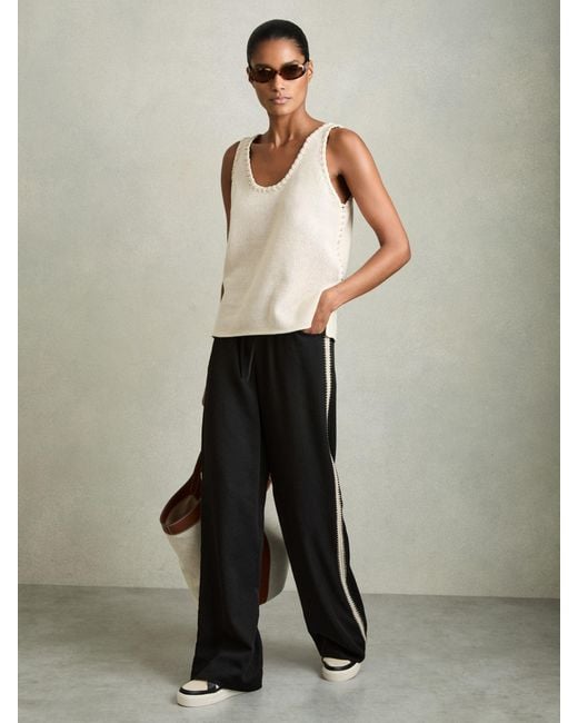 Reiss Black Wide-Leg Embroidered Trousers