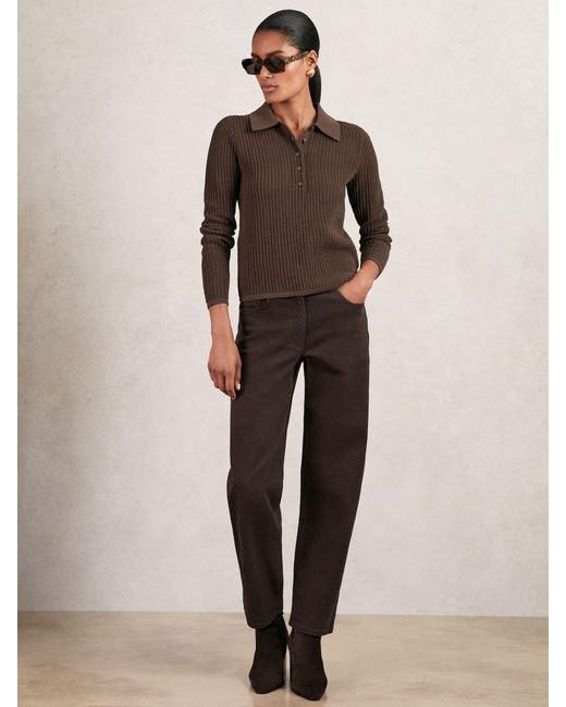 Reiss India - Chocolate Brown Open-knit Long-sleeve Polo Top, Medium