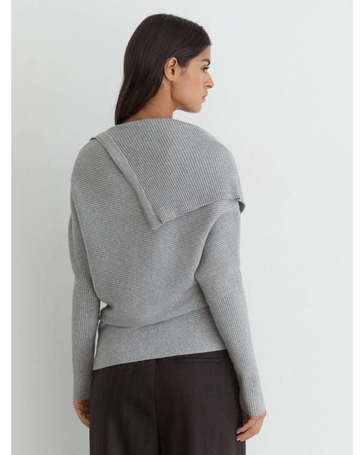Reiss Gray Asymmetric Zip-Neck Rib-Knit Jumper