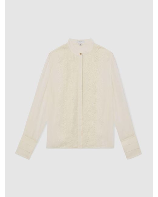 Reiss Blue Lace-Trim Sheer Button-Through Blouse