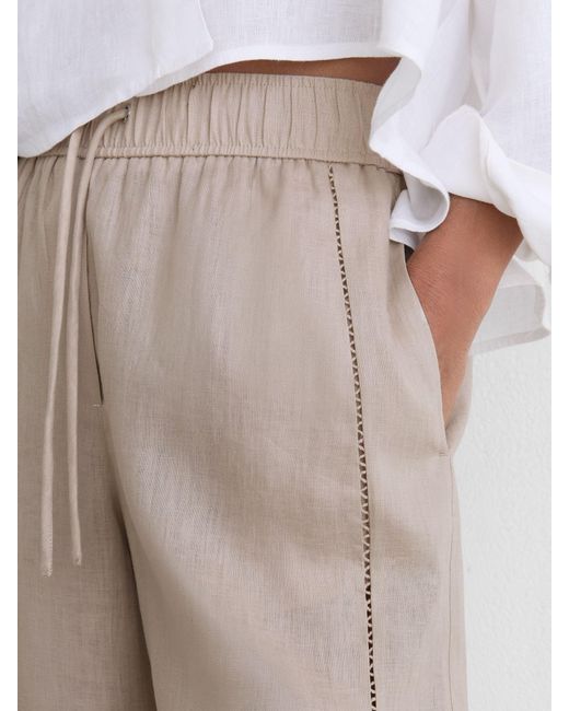Reiss Natural Linen Ladder-Embroidery Wide-Leg Trousers