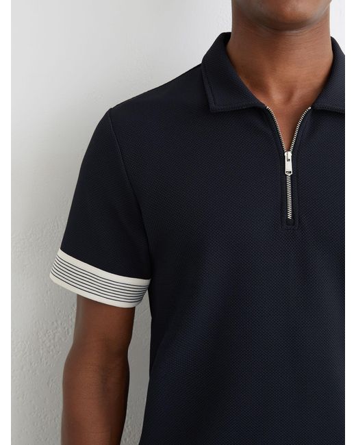 Reiss Blue Bruno - Navy Sleeve-trim Half-zip Polo Shirt, L for men