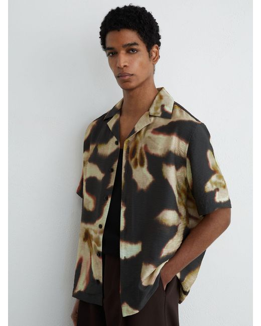 Reiss Black Graphic Floral-Print Short-Sleeve Shirt for men
