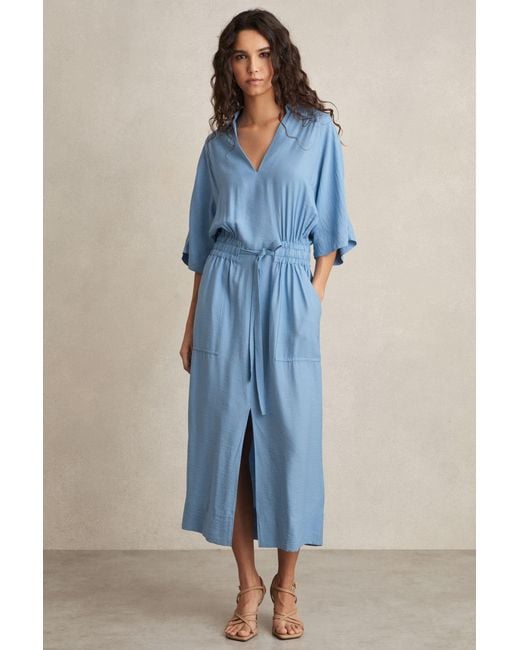 Reiss Blue Cecilia Petite Shirred-Waist Midi Shirt Dress