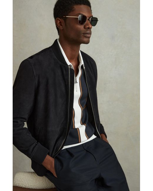 Reiss Black Orion - Navy/white Knitted Half Zip Polo Shirt, Xxl for men