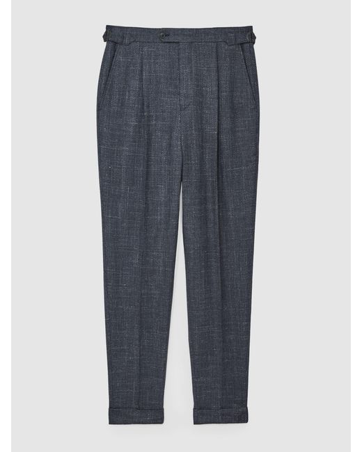 Reiss Blue Wool-Blend Herringbone Trousers Tailored-Fit for men