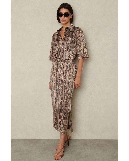 Reiss Natural Snake Print Belted Midi Dress