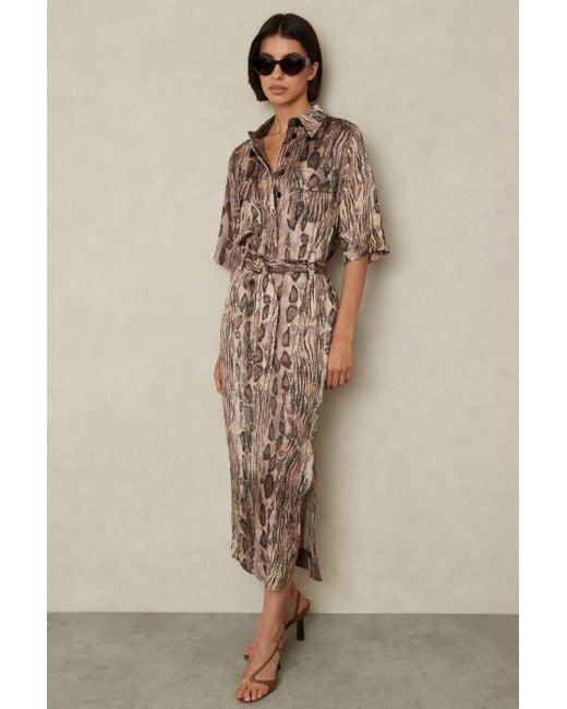 Reiss Natural Snake Print Belted Midi Dress