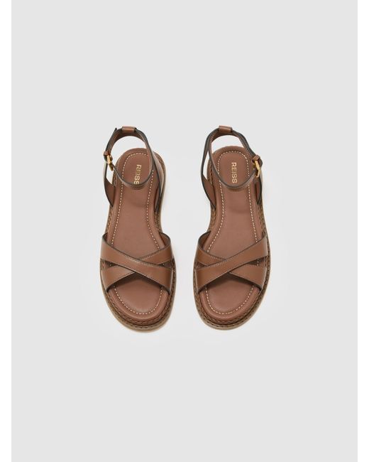 Reiss Brown Leather Plaited-Detail Flat Sandals