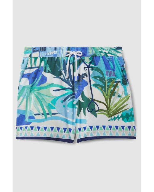 Reiss Blue Huwai - Green Multi Printed Drawstring Waist Swim Shorts for men