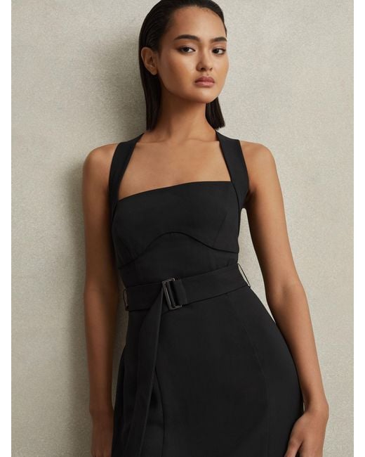 Reiss Nylah - Black Cross-back Belted Bodycon Midi Dress, Us 8