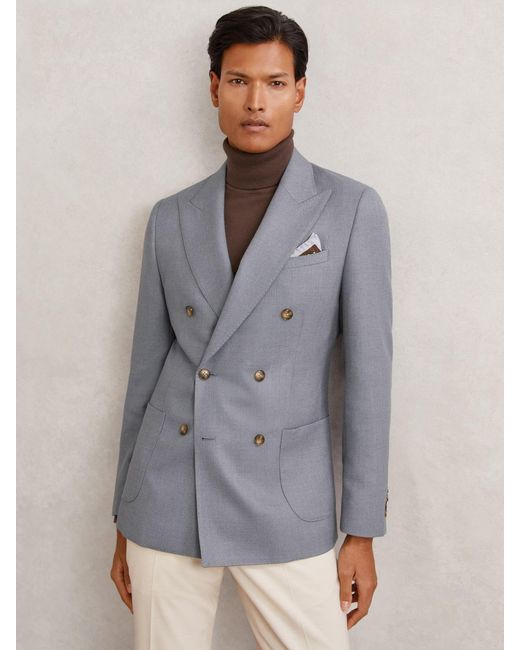 Reiss Gray Tailored-Fit Double-Breasted Blazer Wool-Blend for men