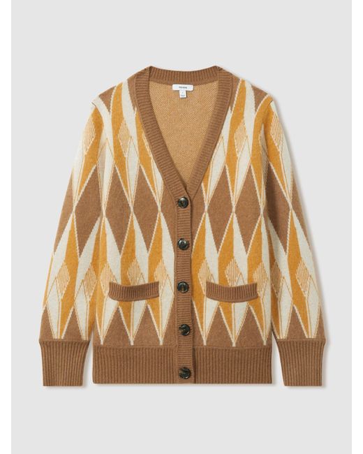 Reiss Natural Francesca Cardigan Wool Diamond Jacquard, Camel