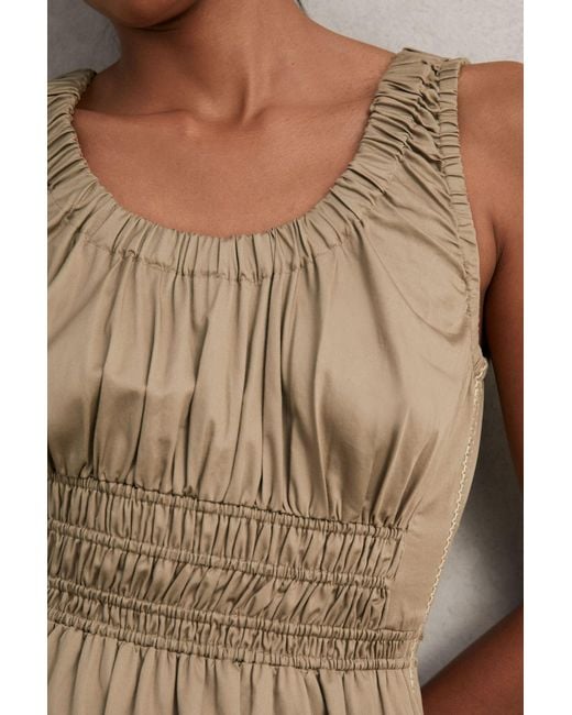 Reiss Natural Anouk - Khaki Cotton Craft-stitch Shirred Midi Dress, Us 14