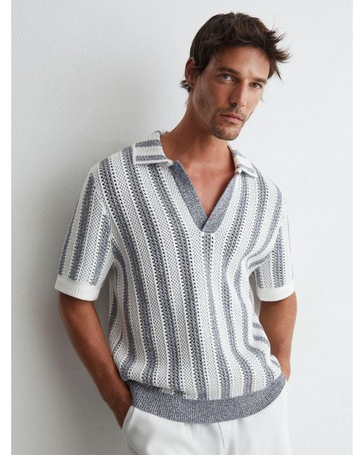 Reiss Gray Soft & Cotton-Blend Crochet Stripe Polo Shirt for men
