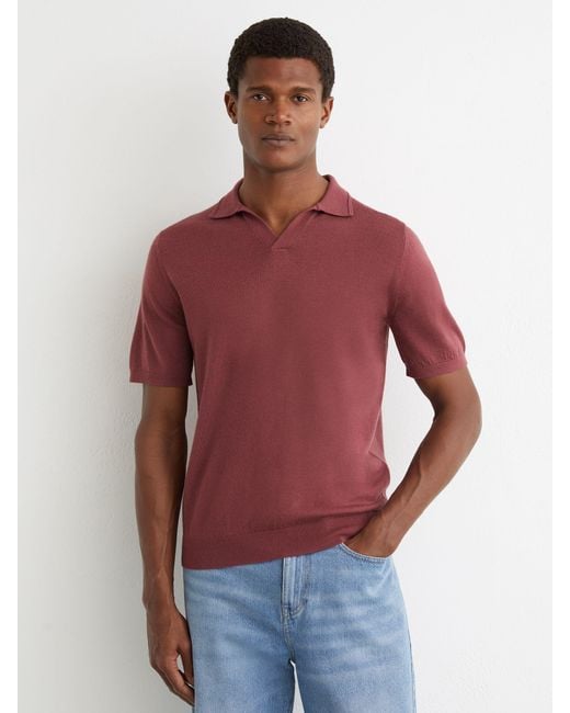 Reiss Red Merino Wool Open-Collar Polo Shirt for men