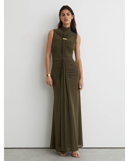 Reiss Green Ruched Sleeveless Maxi Dress