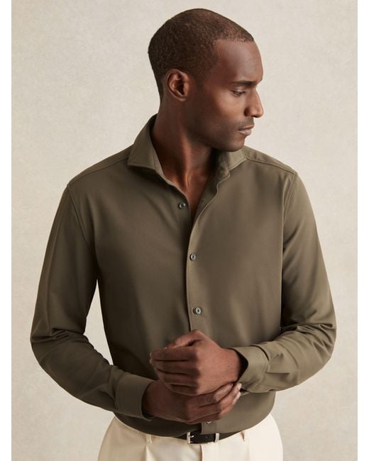 Reiss Brown Stretch Jersey Cutaway-Collar Shirt for men
